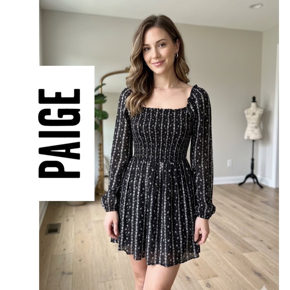 PAIGE Black Floral Smocked Mini Dress Square Neck Long Sleeve Sz S Dark Academia